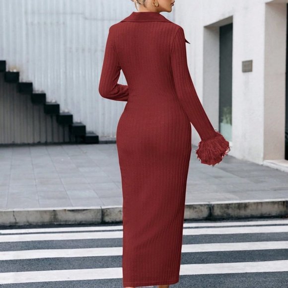 Red Preppy Womens Fuzzy Cuff Ribbed Knit Bodycon Dress - Picture 2 of 5